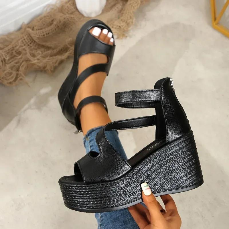 Women's  Fashion Sandals Zipper Wedge Heel Heel Wrap 9cm Heel High Shoes Women Leisure Dress Concise Solid Sandalias De Mujer