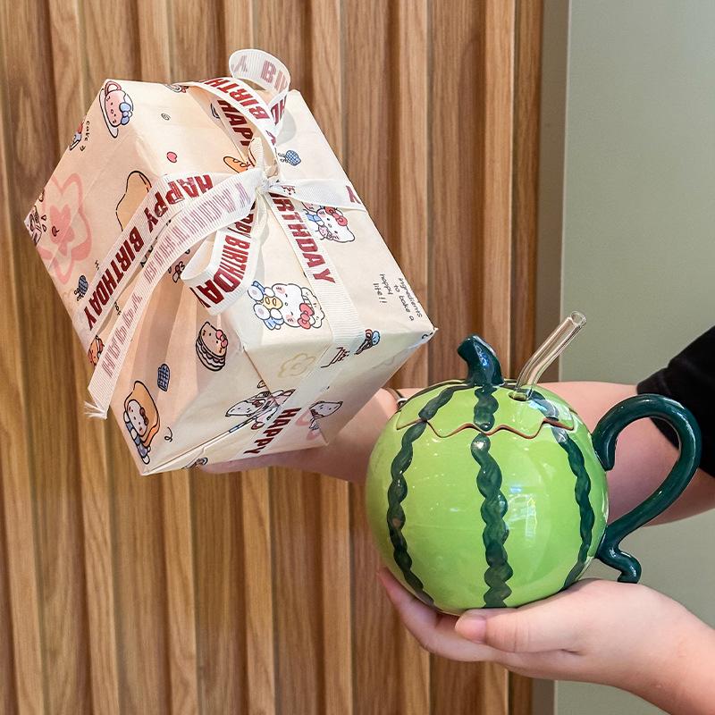 Cute and funny watermelon straw cup, girls' high-value ceramic mug with lid, birthday gift box.