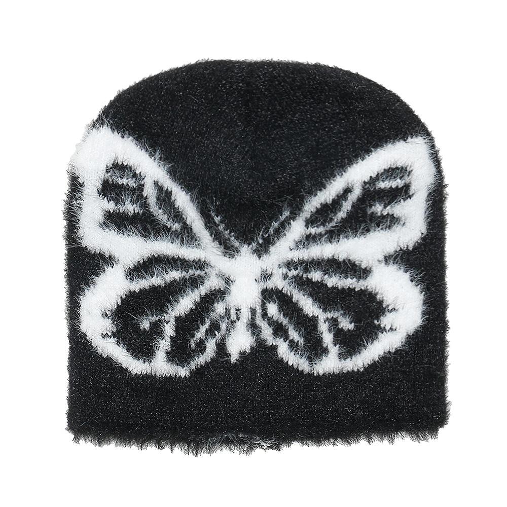 Herbst und Winter Damen Strickwollmütze kältebeständig und warm Skimütze Schmetterlingsjacquard Imitation Nerzfell Pullovermütze Damen