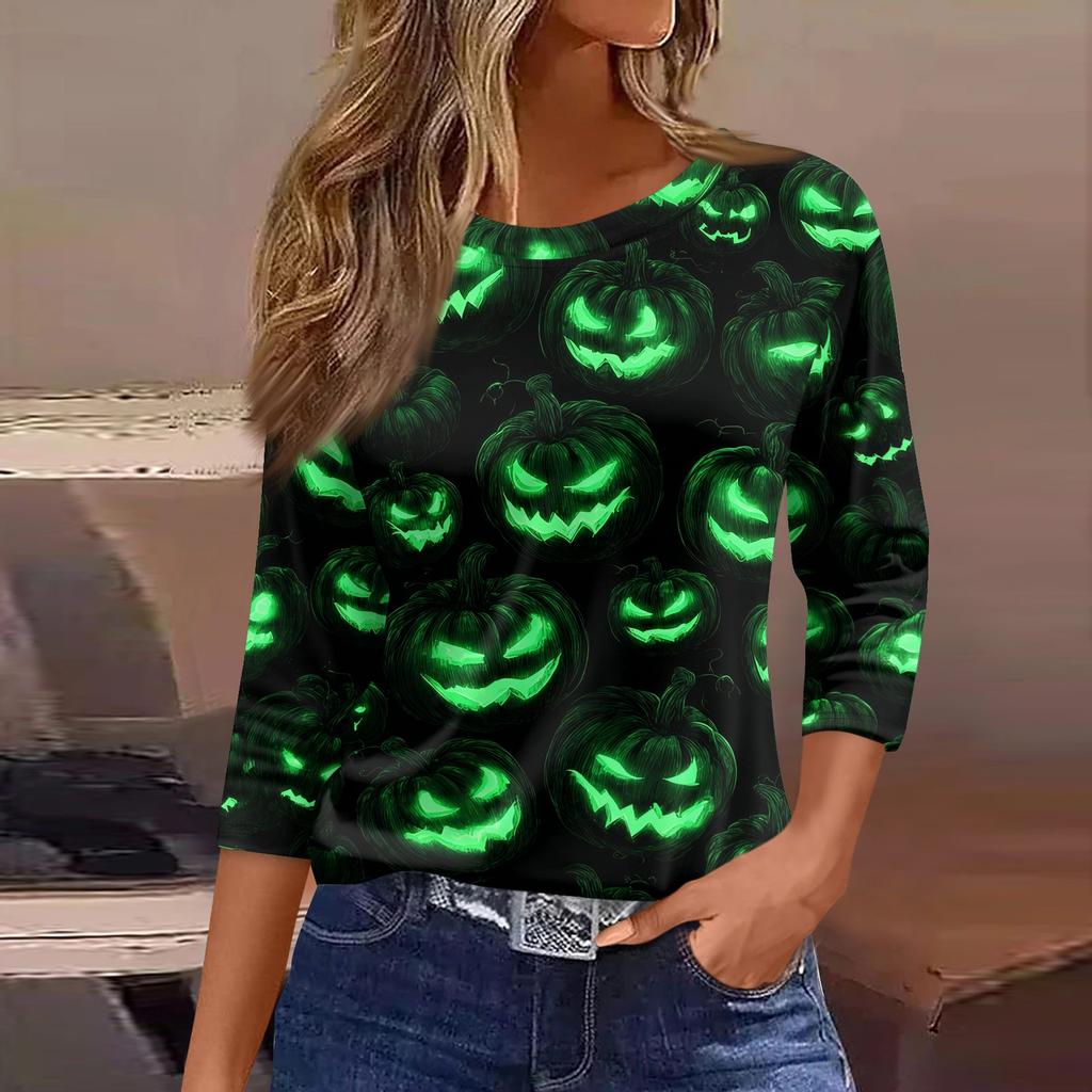 Women's 3/4 Sleeve Loose Fit Casual Shirt Round Neck Pullover Top Halloween Print Graphic T-Shirt for Everyday Wear