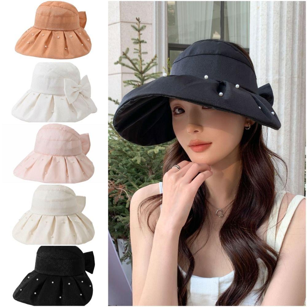Anti-UV Women Pearl Bucket Hat Sun Protection Sun Cap Hot Big Brim Sun Hat Summer Spring Autumn