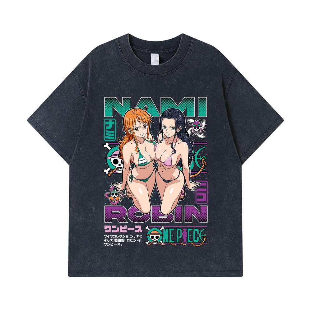 275 GSM Washed T-shirts 100% Cotton One Piece V54 Nami Robin Print Unisex Heavy Cotton T Shirt