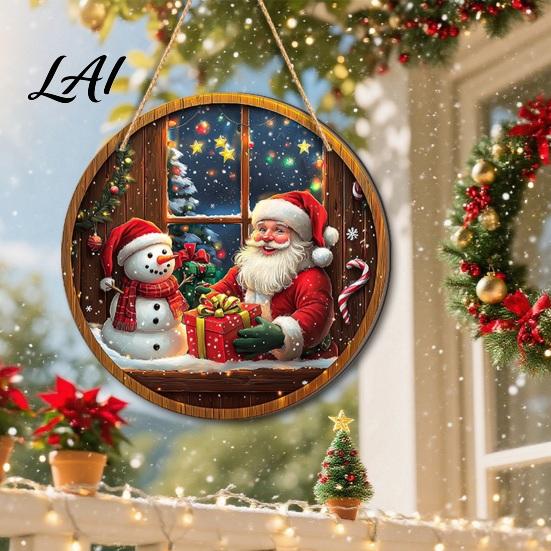 Christmas Tree Hanging Wood Decor Santa Wooden Round Wall Decor Vintage Ornaments Party Supplies Sign for Door Window Wall Farmhouse Holiday