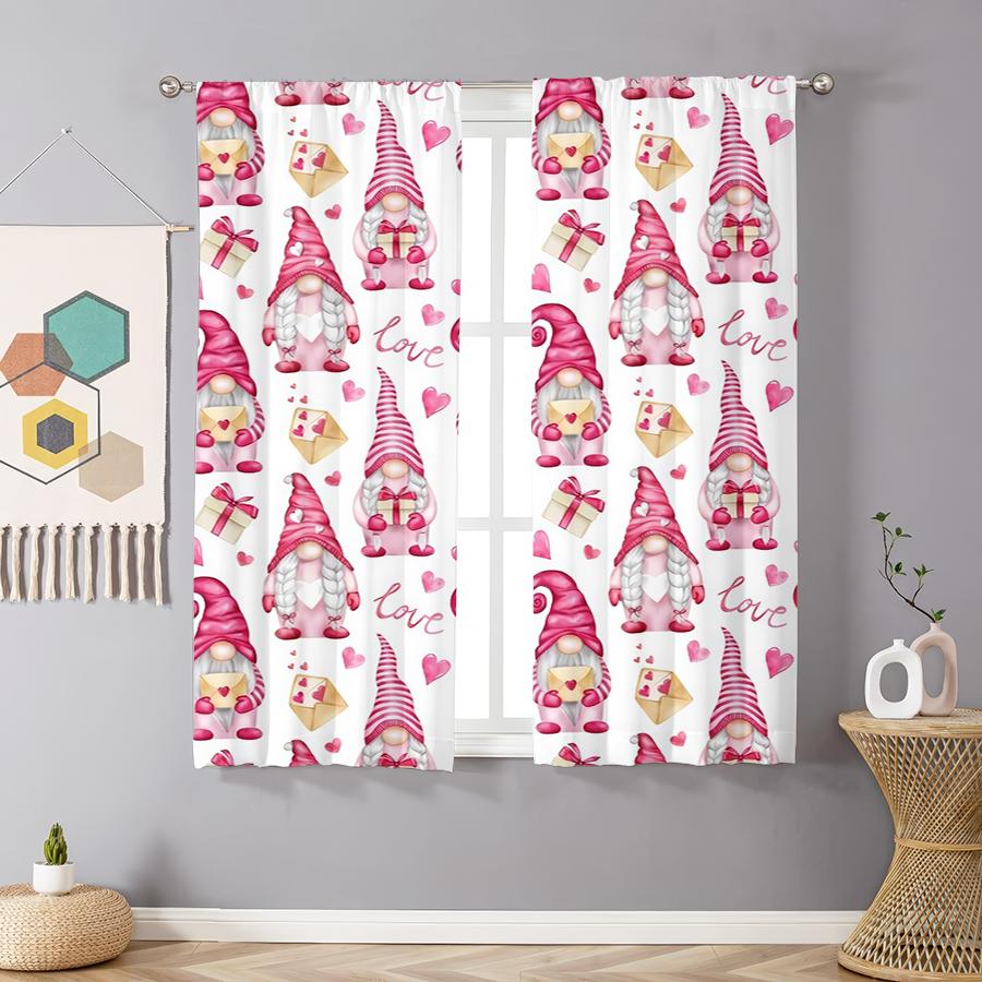 

Set Of 2 Pink Love Gnome Gift Printed Curtains Perfect Valentine Day Window Decor Sweet Home Bedroom Living Room Curtain For Great Made Polyester W100*H70(CM)-Hooks&2PCS