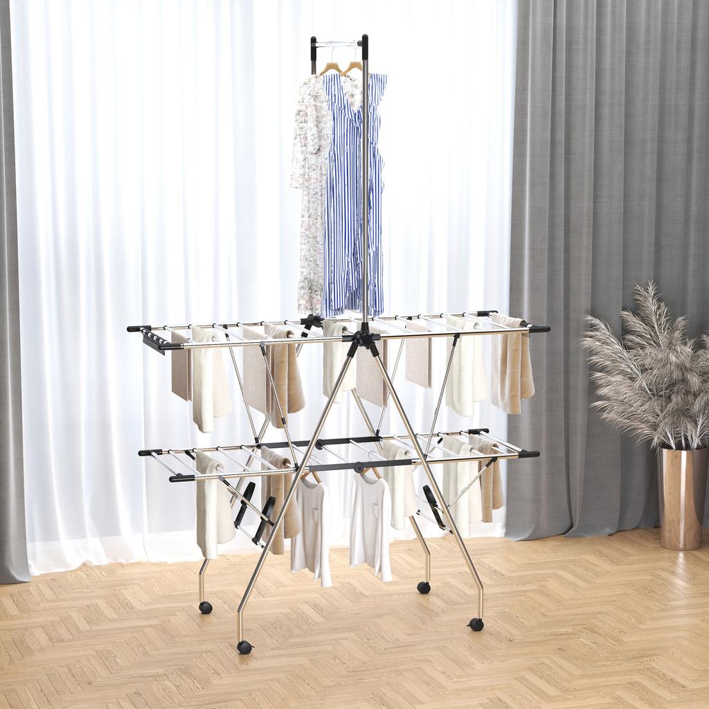 Clothes Airer Foldable Drying Rack with Wheels Large Drying Space Stainless Steel 138.5 x 63 x 208 cm