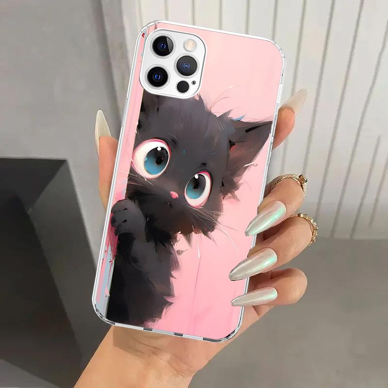 Anime Cute Black Cat Meow Phone Case for Iphone 17 Air 16 15 Plus 14 13 Mini 12 11 Pro Max 16E 7 8 SE 2020 Soft Funda Print Shel