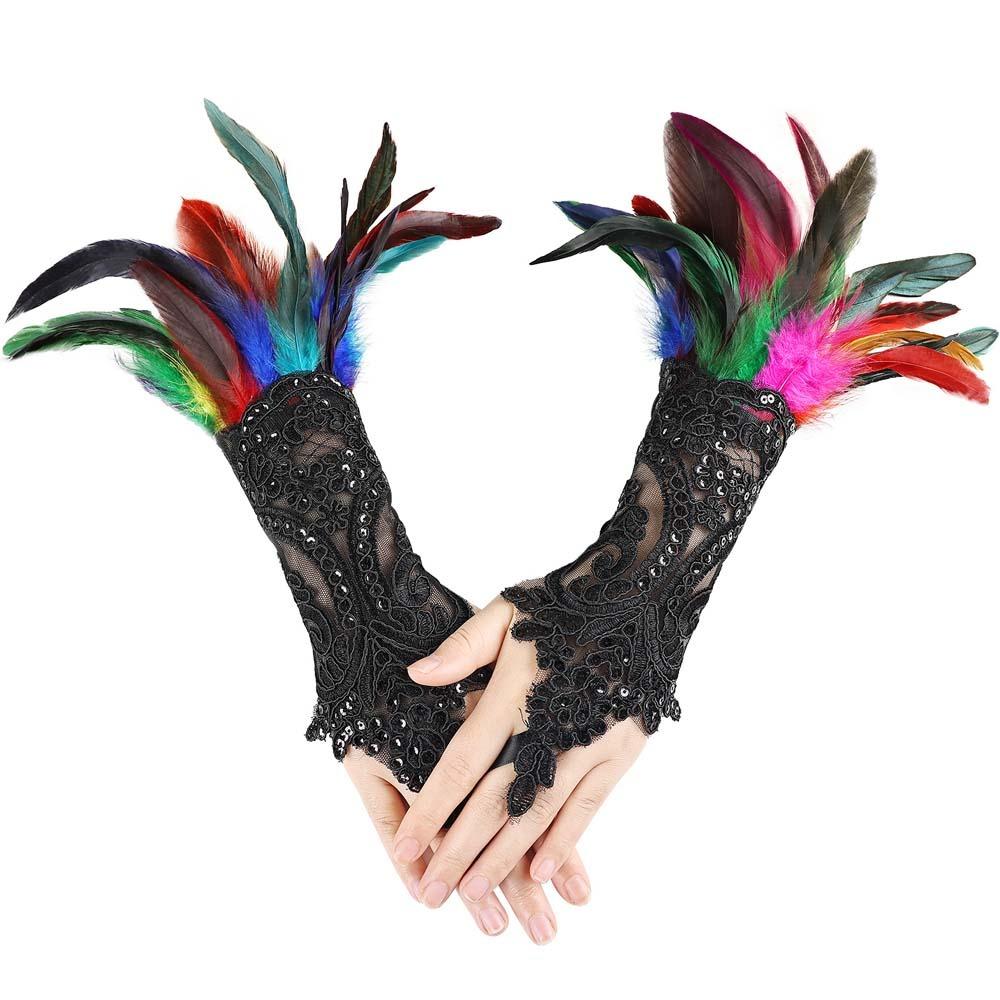 Retro Sequins Feather Lace Gloves Gothic Women Halloween Arm Sleeves Halloween Feather Gloves  Ball