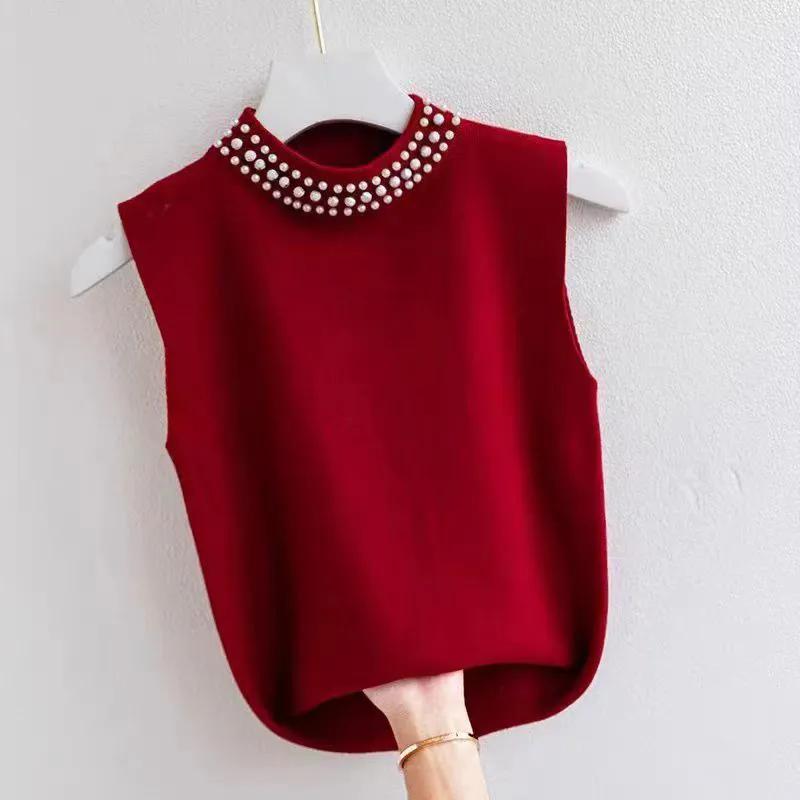 

WTEMPO Майки-топы из ледяного шелка для женщин больших размеров, свободные, облегающие, однотонные, без рукавов, повседневные, универсальные, больших размеров, с жемчугом XL красный