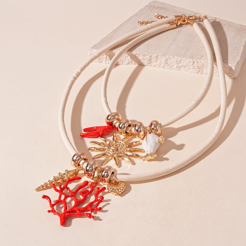 2Pcs/Set Boho Coral Sun Shape Pendant Necklace for Women Punk Round Bead Jewelry Accessories Gifts