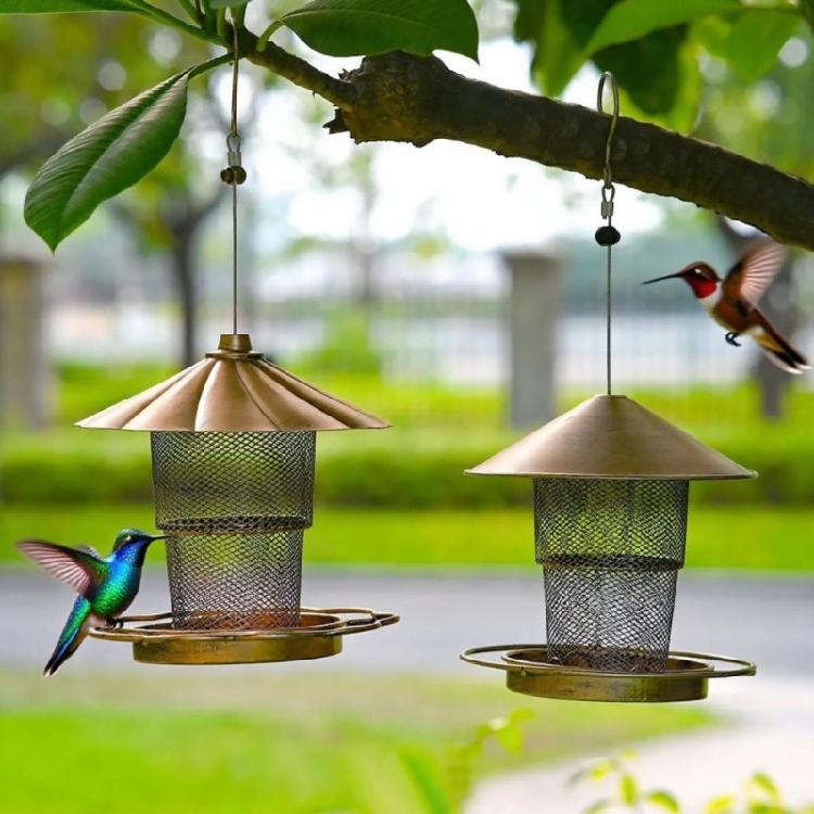 Balcony Hanging Bird Feeder with Antique Gold Finish, Flower Cover, Mesh Food Container, and Foldable Iron Structure