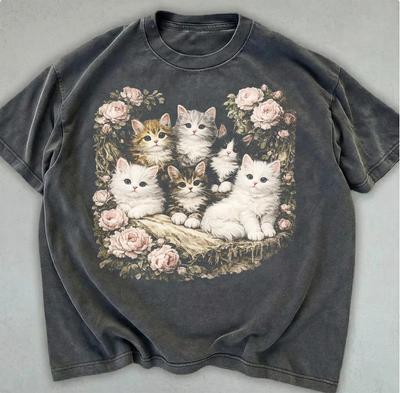Retro Blumen-Kitten-Shirt, Vintage Cottagecore Katzen-Grafik-T-Shirt
