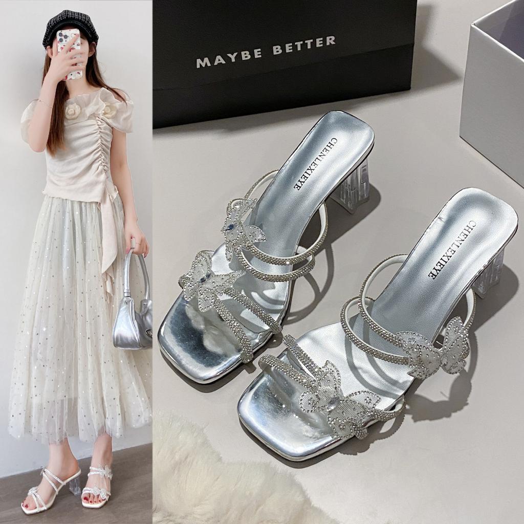 French Thick-heeled Slippers Women's Summer Skirt 2025 New Bow Rhinestone High Heels Casual Open-toed Slippers