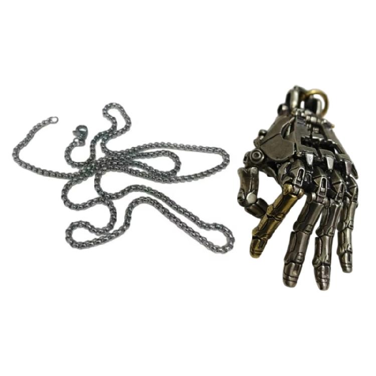 Futuristic Bionic Arm Copper Necklace Movable Finger Joints Robot Hand Charm Handcrafted Jewelry Gift for Men Women