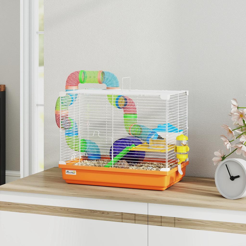 Hamster Cage, 2-Level, Tunnel, Water Bottle, Wheel, House, Ladders, 46 x 30 x 37 cm, Orange