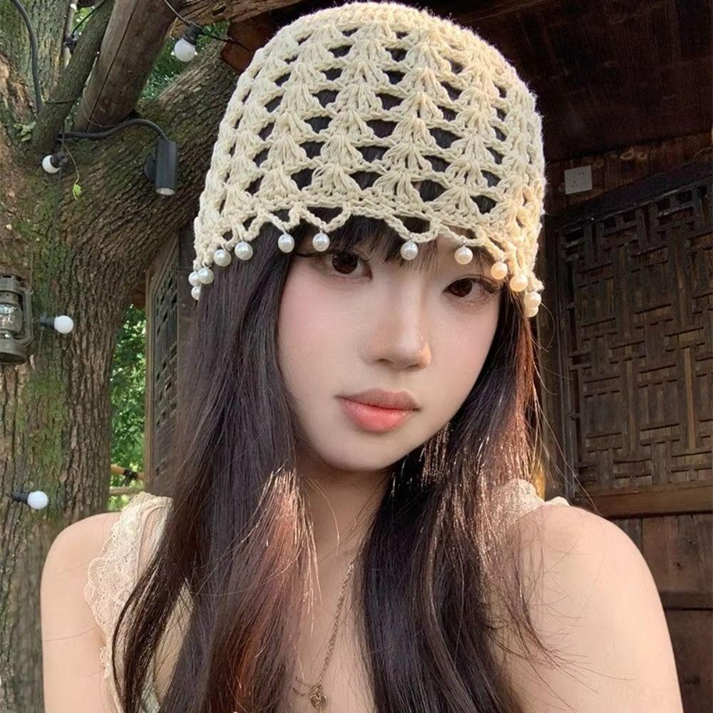 Fashion Hollowed Out Knitted Hat Pearl Fringed Breathable Beret Cap Round Beads Woven Hat For Women