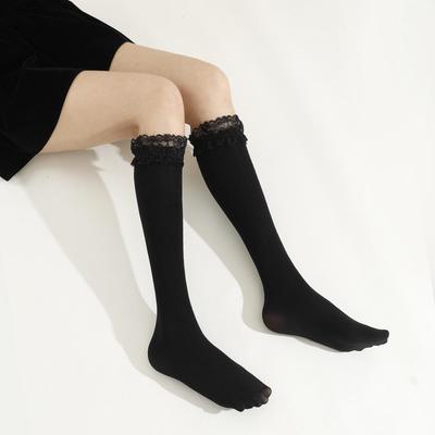 Japanische Spitzenbesatz Kniehohe Samtsocken - Schwarz, Transparent, Frühling/Herbst Stil