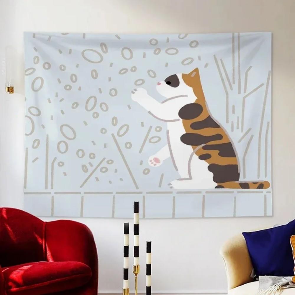 VIKAMA İskandinav Tarzı Karikatür Kedi Duvar Halısı Sevimli Siyah Kedi Desenli Yatak Odası Oturma Odası Koridor Duvar Dekorasyonu Halı Oda Dekorasyonu