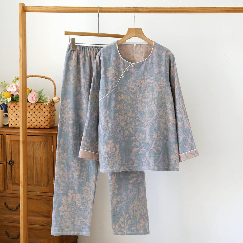2026 New Spring and Autumn Women's Pajama Set 100% Cotton Gauze New Chinese Style Diagonal Collar Home Furnishing Set Sleepwear