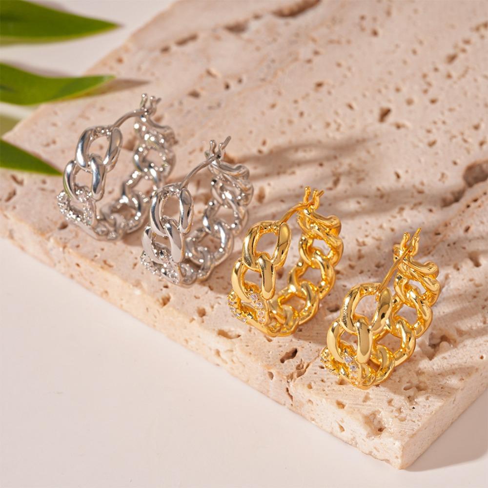 Exquisite Fashion Micro-inlay Zircon Geometric Hollowed-out Chain Hoop Earrings for Women Stainless Steel Daily Wear Jewelry