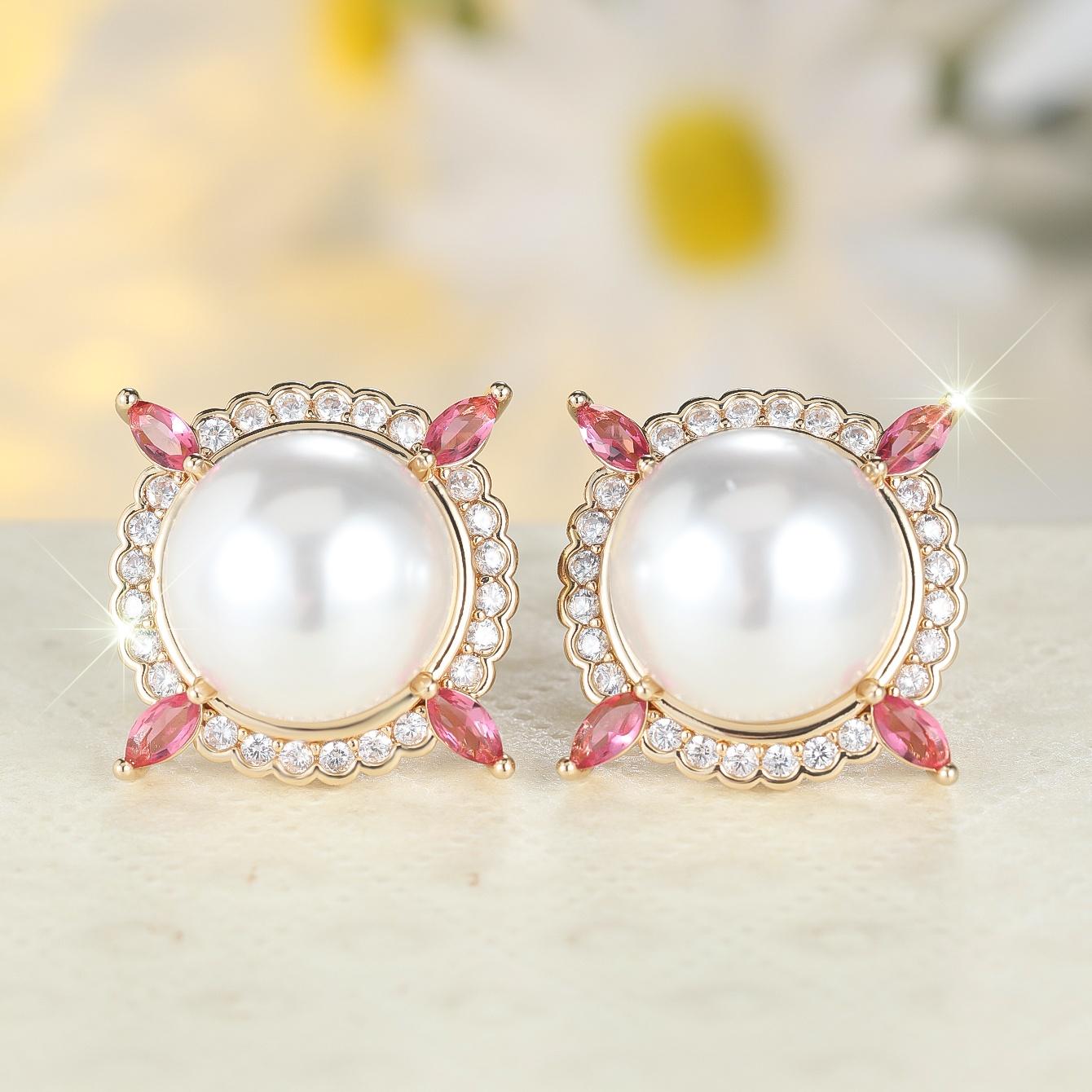 

Luxury Big White Pearl Round Zircon Stone Hoop Earrings For Women Vintage Female Fashion Gold Color Wedding Jewelry