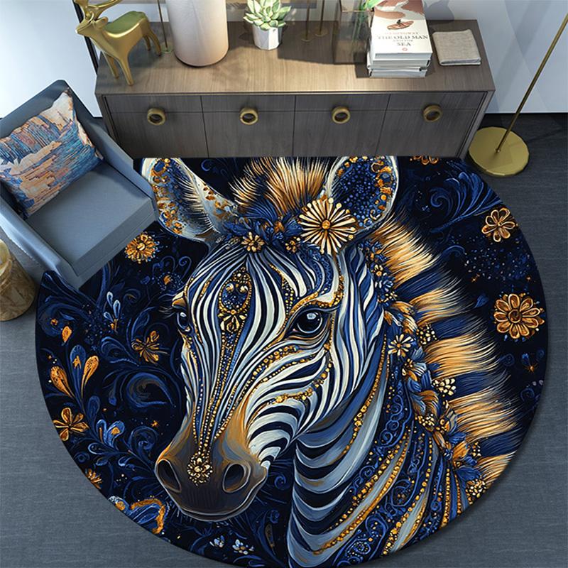 Golden Zebra Round Area Rug,Carpet Rug for Living Room Bedroom Sofa Playroom Decor,Non-slip Floor Mat