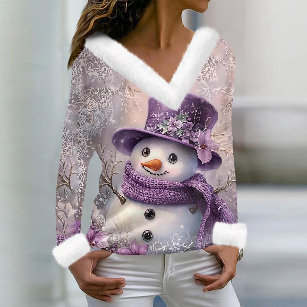 Women's T Shirt Tee Christmas Shirt Long Sleeve Party Christmas Print Fleece Collar V Neck Top