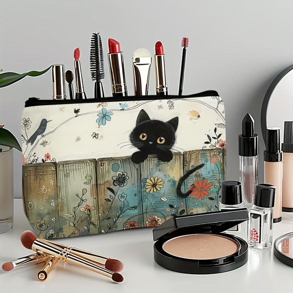 Premium Cute Cat Gril’s Makeup Bag Portable Floral Design Travel Zipper Pouch Large Capacity Cosmetic Bag Gifts