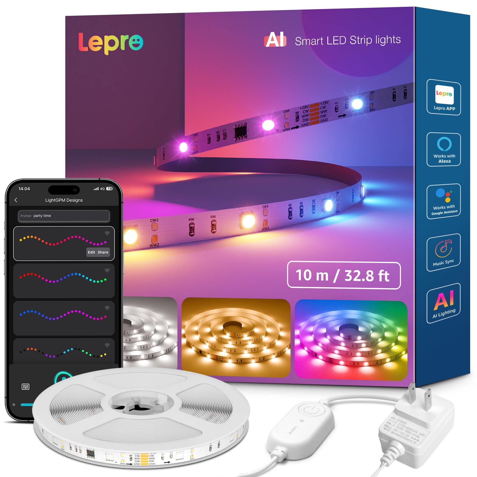 

Lepro S2 AI LED Strip Light, RGBCW+IC, 10m, AI Lighting Designer, Alexa Compatible, RGB + Warm White + Daylight White, Christmas, 16 Million Colors,