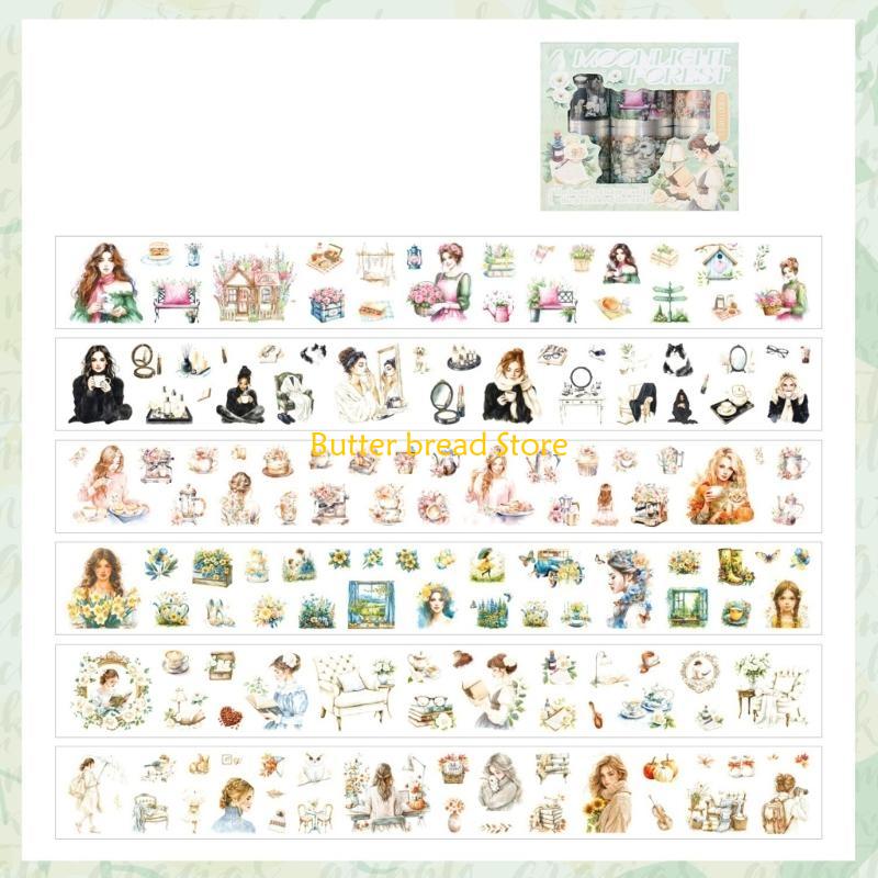 W89C 6Rolls Scrapbooking Decorative Tape 50mmX2M Scenic Sticker Tape for Notebook Journal Photo Album Craft Embellishments