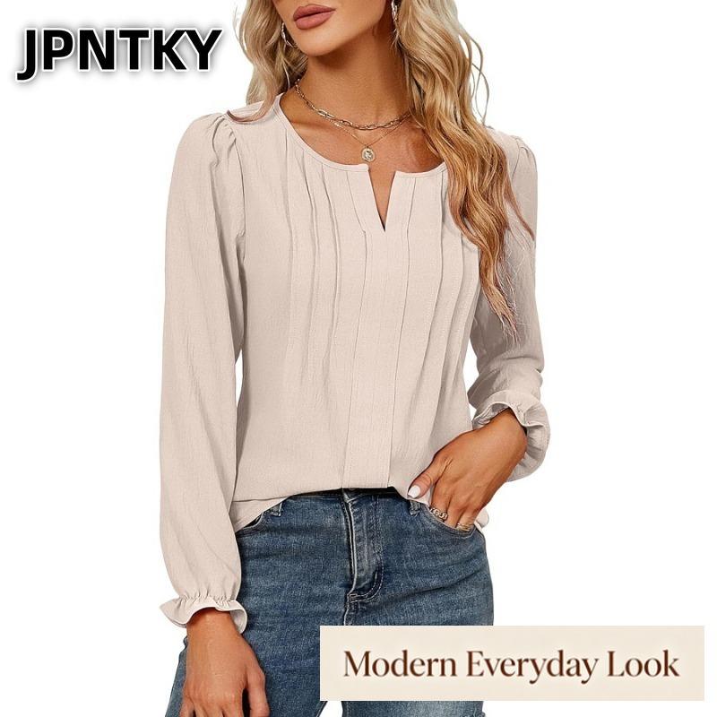 JPNTKY Women's Fashion Casual Solid Color Print Long Sleeve V-Neck Blouses & Shirts