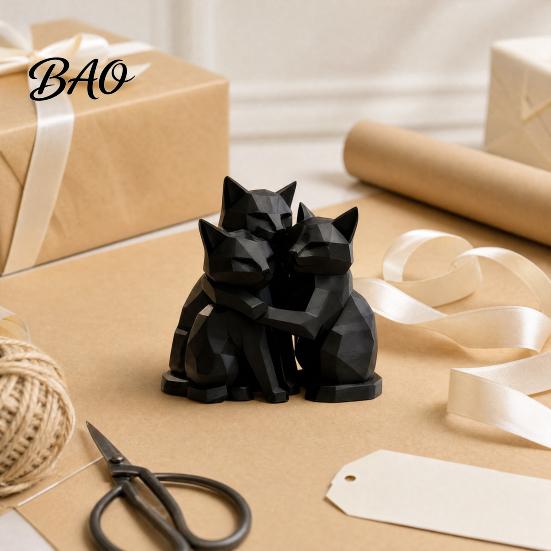 Modern Cat Decor 3D Printed Black Figurine, Three Hugging Geometric Statue, Animal Shape Sculpture for Home Office Bookshelf Durable Ornament