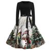 Christmas Print Flare Dress For Women Long Sleeve Dress Hollow Party Casual Dresses