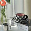 Hi Black and White Checkerboard Mug Ceramic Cup Coffee Cup Saucer Afternoon Tea Cup Creative Cup