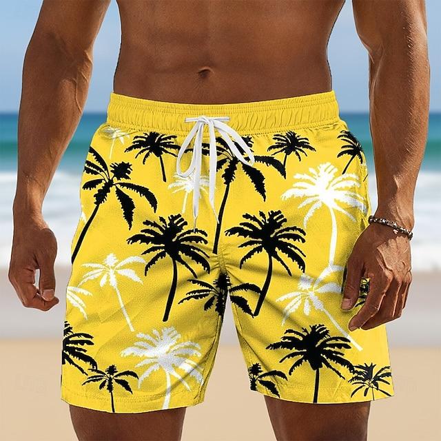 Men's Gradient Purple Palm Tree Print Beach Shorts Minimalist Tropical Graphic Quick Dry Swim Trunks Summer Swim Shorts