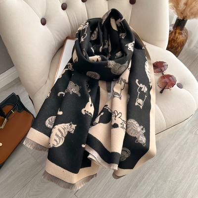 Women Latest Animal Jacquard Cat Scarf Imitation Cashmere Soft Warm Fringe Shawl Autumn Winter Coldproof Windproof Blanket