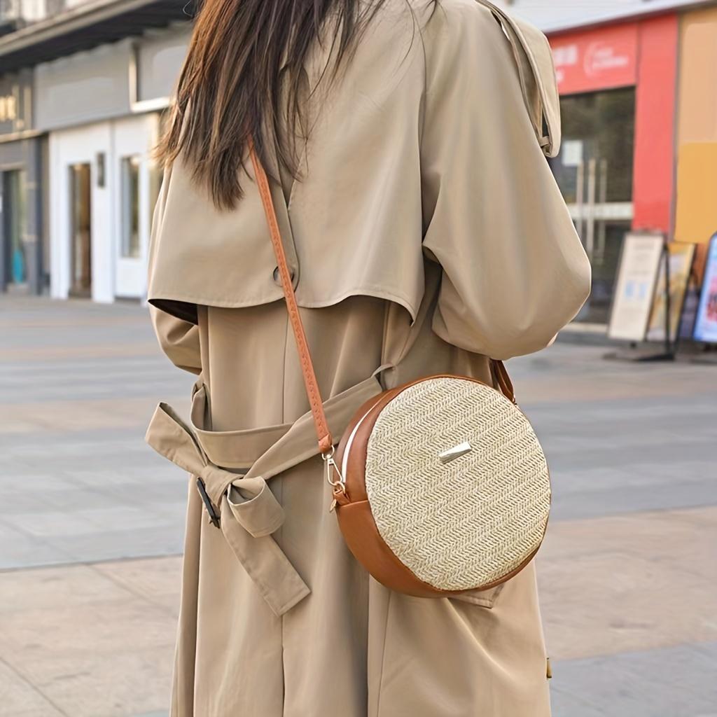 Lightweight Woven PU Contrast Color Round Crossbody Bag with Adjustable Detachable Strap - Large Capacity Zipper Closure for Beach, Commuting