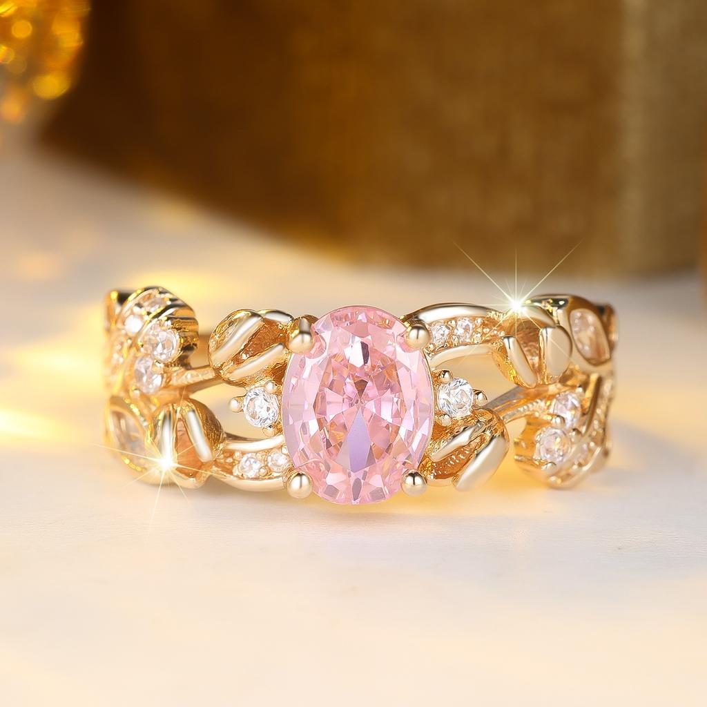 Cute Female White Pink Zircon Stone Ring Vintage Gold Color Wedding Jewelry For Women