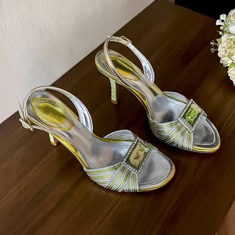 Fashion Green Gemstone Rhinestones Women Sandals Fashion Summer Round toe Slingback Elegant Stiletto High heels Silver Party Dress Shoes