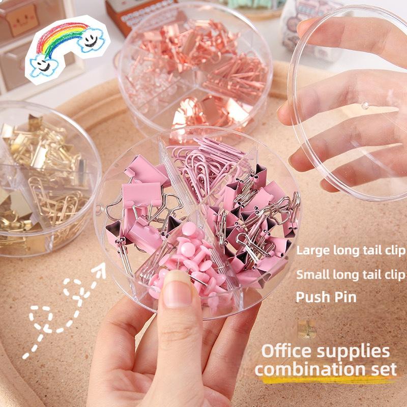 Office Supply Set - Binder Clips Paper Clips & Push Pins Combo with Storage Box for Desk Organization
