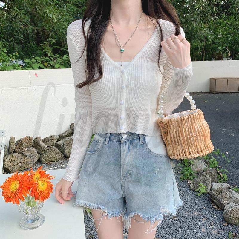 2026 Spring/Summer Korean Style V-Neck Bamboo Knot Linen Cardigan - Elegant, Versatile Sun Protection with Long Sleeves One Size