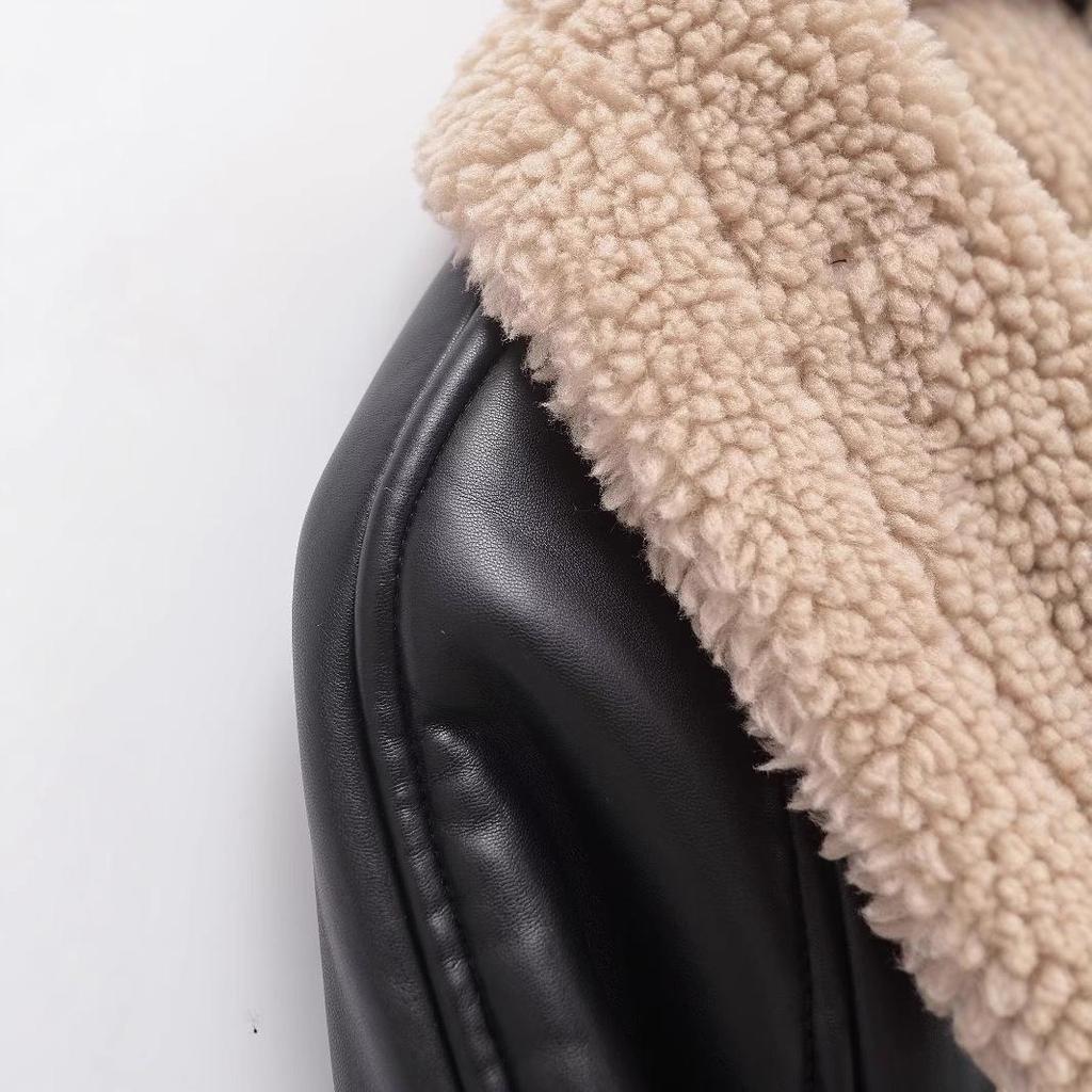 European & American Style Autumn/Winter Color Block Leather & Fur Lapel Jacket - Women’s Casual Motorcycle Coat