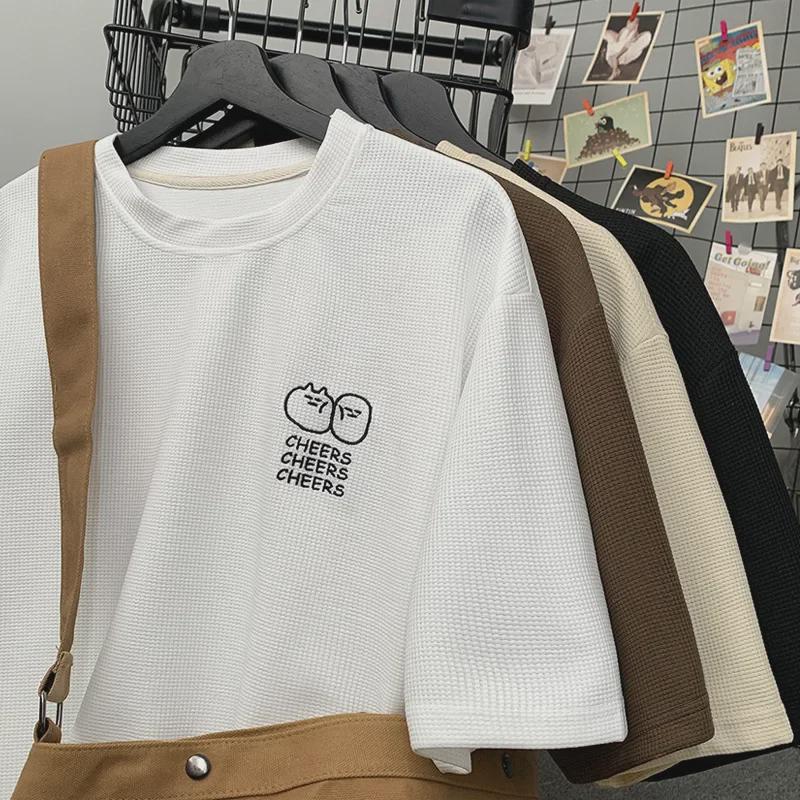 Men's Summer Waffle Knit Ice Silk Short-Sleeve Embroidered T-Shirt - Korean Fashion, Loose Fit, American Heavyweight.