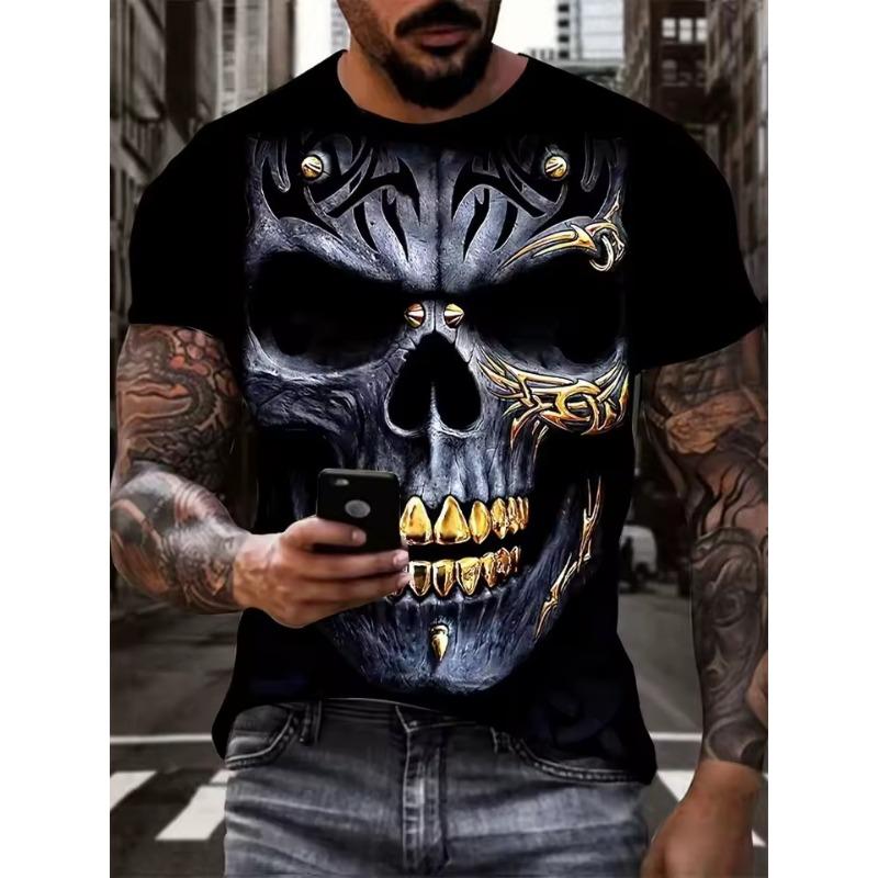 Men's Summer Casual T-Shirt 3D Golden Lightning Skull Print Short Sleeve Streetwear