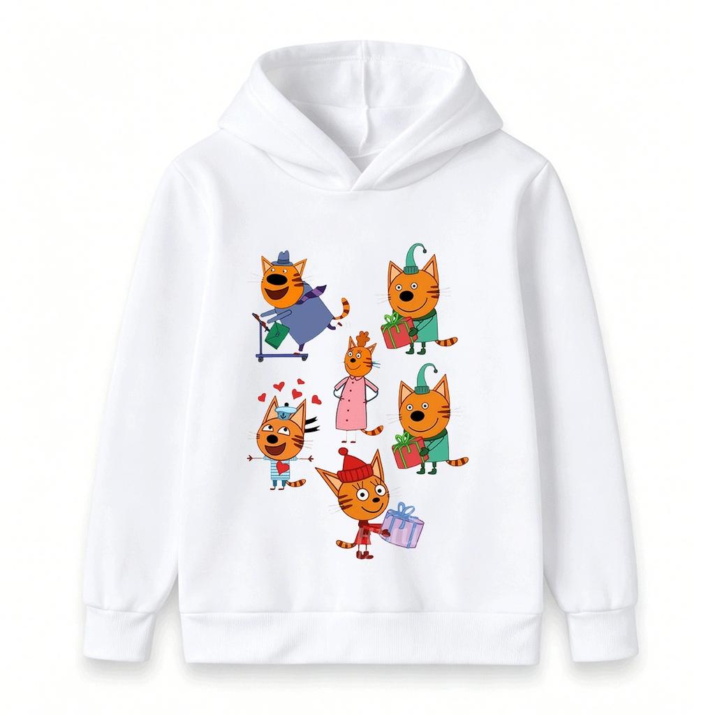 Kids Boys Girls Cartoon Cats Print Hoodie Casual Long Sleeve Pullover Sweatshirt for Daily Holiday Wear