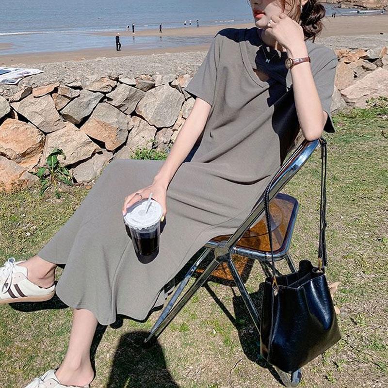 Casual Spliced Hollow Out Midi Dress Summer Short Sleeve Women's Loose Round Basic Solid Color Straight Dresses