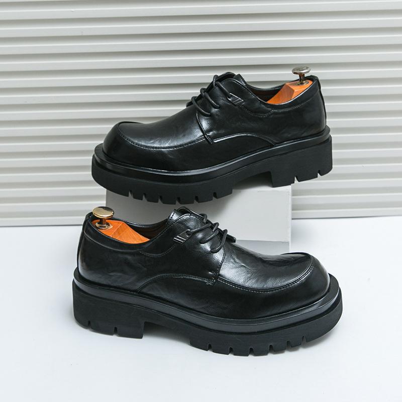 Men's Fashion Thick Bottom Business Casual Shoes Large Size Retro British Style Leather Shoes round Toe Low Top Rubber Sole