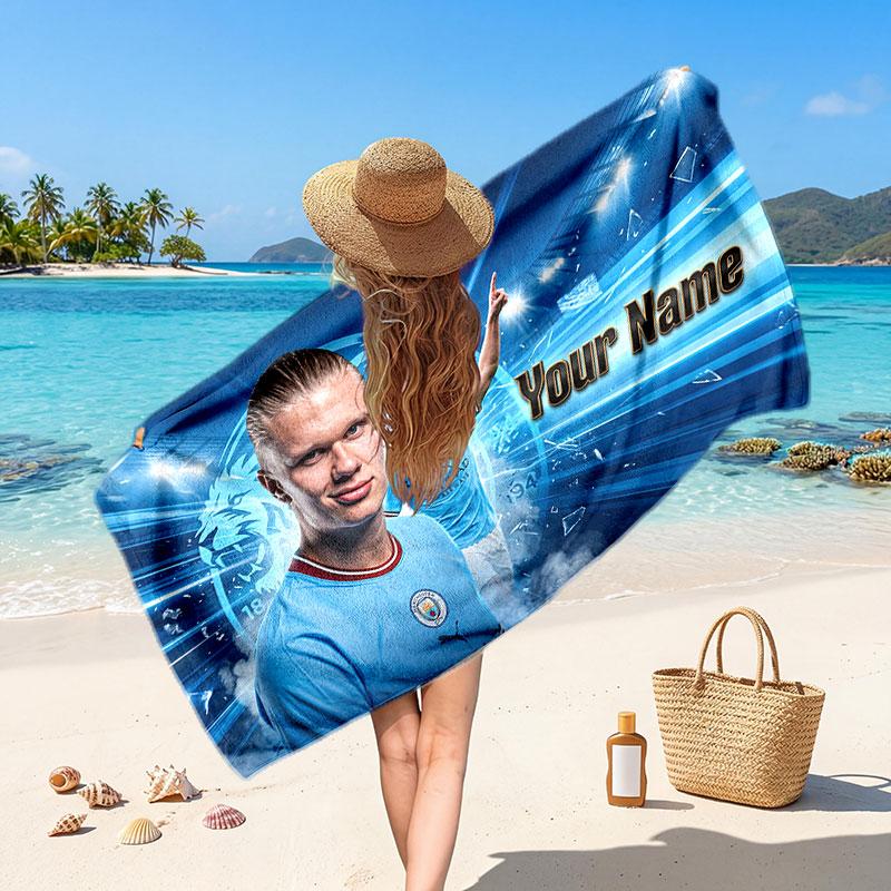 Asciugamano da Spiaggia Personalizzato Erling Haaland, Stampa Testo Nome Personalizzato, Asciugamano Morbido ad Asciugatura Rapida con Logo Calcio, Regalo per le Vacanze