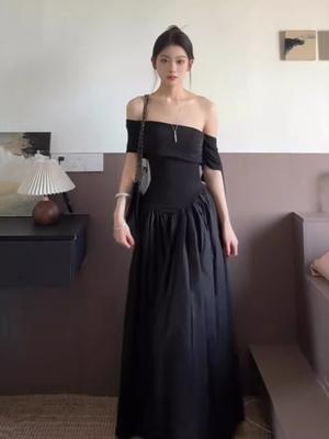 French Pure Desire Style One-word Shoulder Short-sleeved Dress Women's Summer New Style Temperament Waist and Thin Long Dress