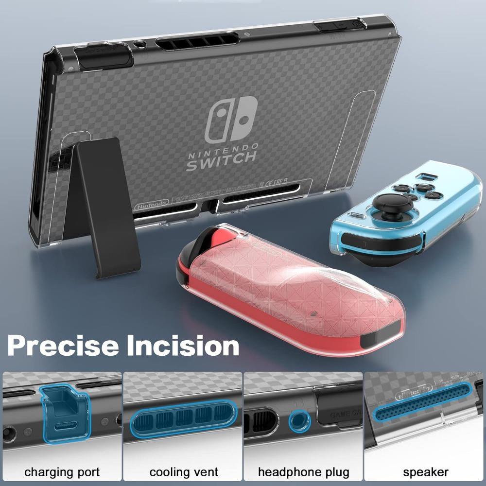Carcasă de protecție TPU în carouri pentru Nintendo Switch, concepută ergonomic pentru atingere confortabilă, cu taste și film temperat pentru ecran