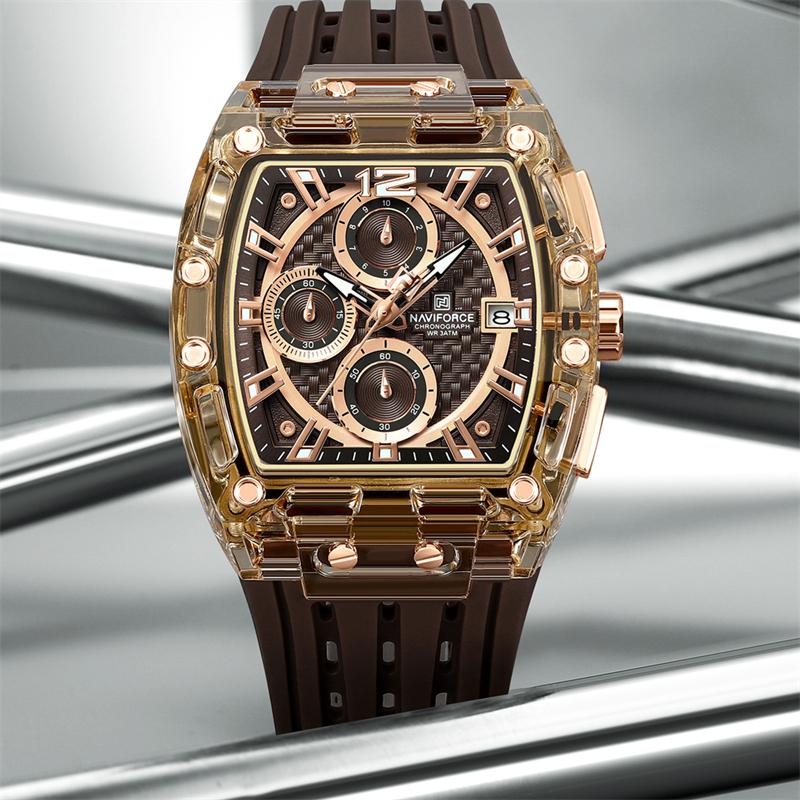 Naviforce 7105 Casual New Chronograph Mul-tifunction Watches Sports Silicone Man Transparent Case Wristwatch Relogio Masculino